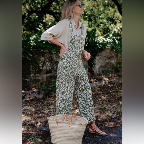 Zara Pants - Zara Floral Wide Leg Cotton Overalls Green NWOT Size Medium